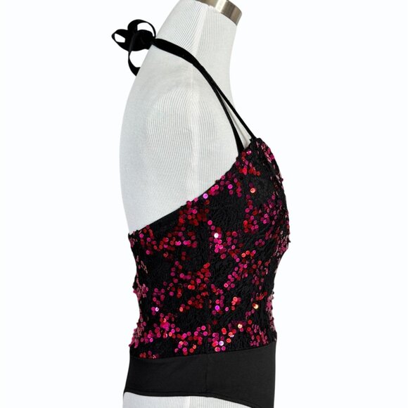 h:ours Revolve Felly Sequin Bodysuit Womens Size‎ M Fuschia Black Plunging - Picture 5 of 11